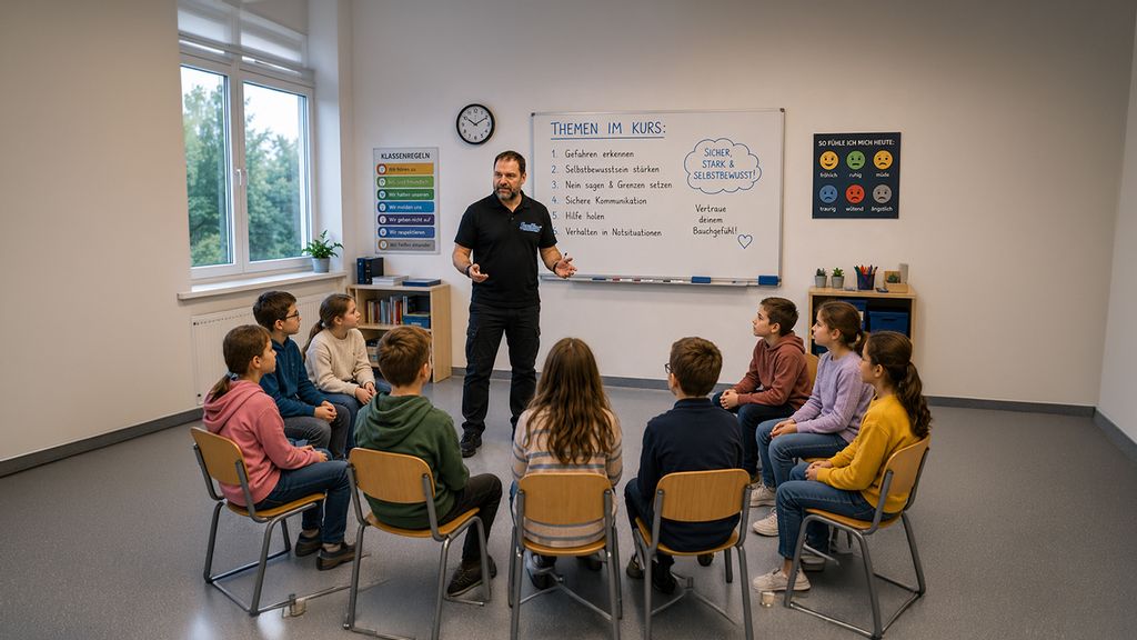 Mehrere Kinder sitzen in einem Halbkreis auf Sesseln zusammen und der Trainer vor einer Tafel