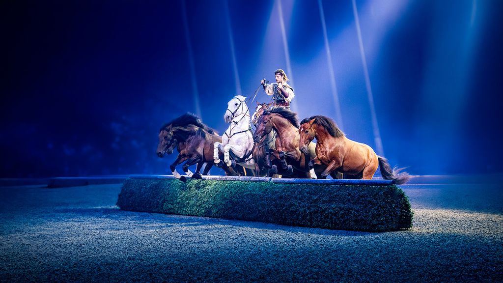 Person auf weißem Pferd mit drei galoppierenden Pferden auf einer blau beleuchteten Bühne.