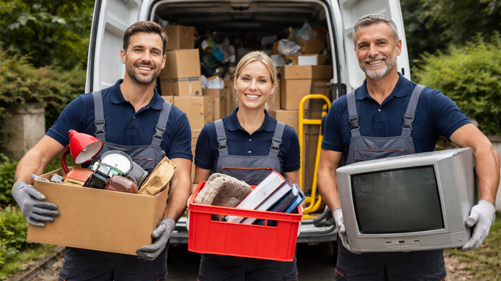 Drei Personen von einem Entrümpelungsservice vor einem vollgeladenem Transporter