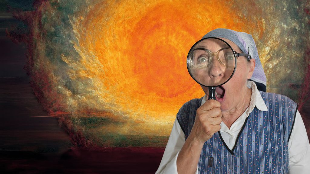 Frau mit Lupe vor leuchtendem, abstraktem Hintergrund.