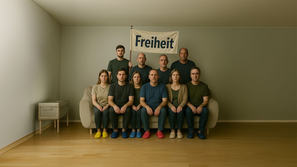 Gruppe ernst blickender Menschen auf einem Sofa, einer hält ein Schild mit der Aufschrift „Freiheit“