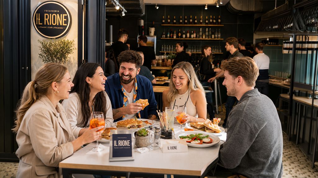 Mehrere Personen sitzen bei einem Essen in einem italienischen Restaurant zusammen