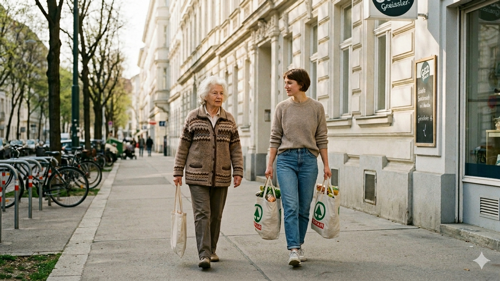 Alltagshelferin trägt zwei Einkaufstaschen und spaziert mit einer älteren Dame