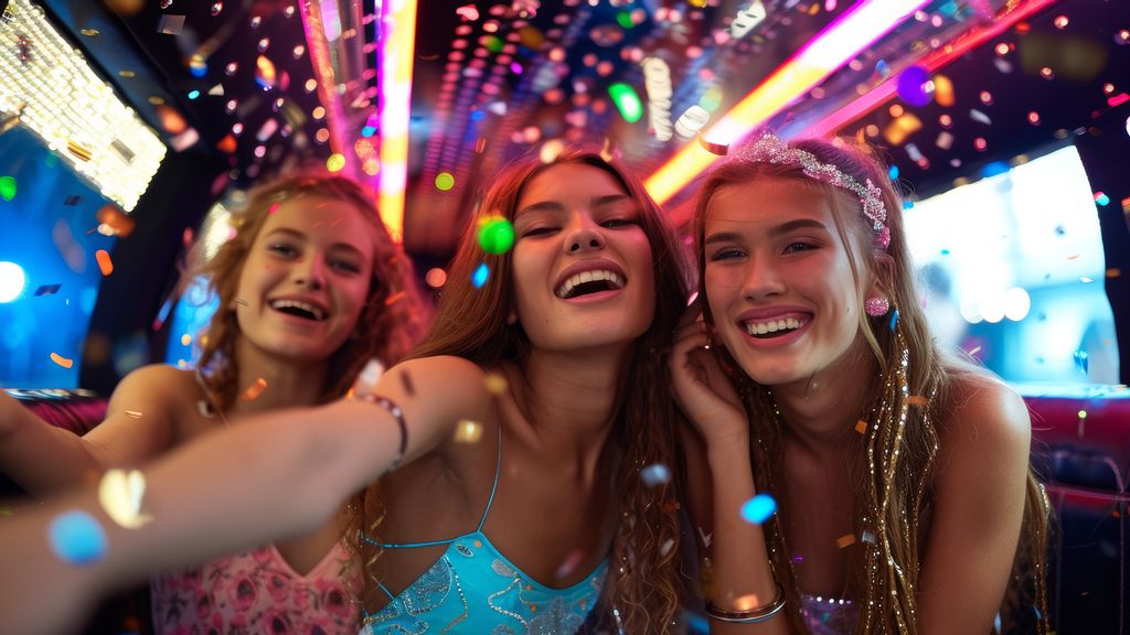Drei junge Frauen in einer Limousine beim Feiern