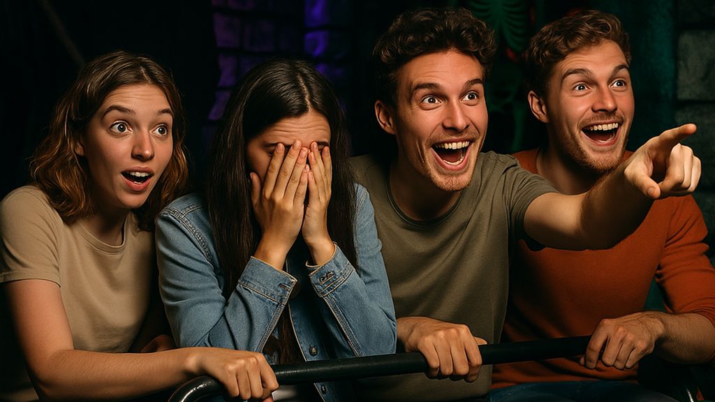 Zwei Frauen und zwei Männer blicken erstaunt in eine Richtung