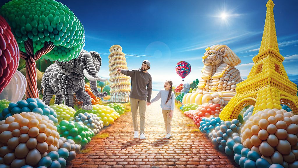 © Hadran GmbH Vater und seine Tochter spazieren durch eine Ballonwelt mit Sehenswürdigkeiten aus Ballons