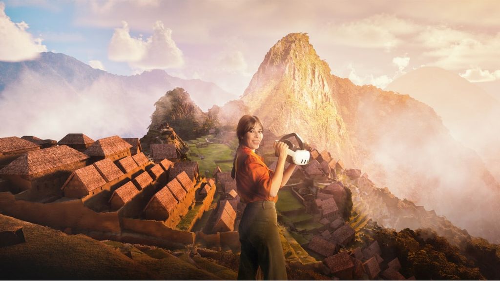 Frau bei immersiver Ausstellung von Machu Picchu