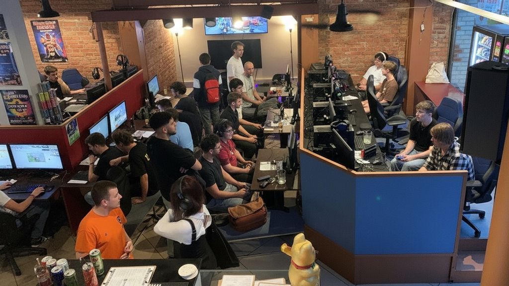 © Open World eSport Eatery & Bar Mehrere Personen stehen und sitzen in der Open World eSport Eatery & Bar