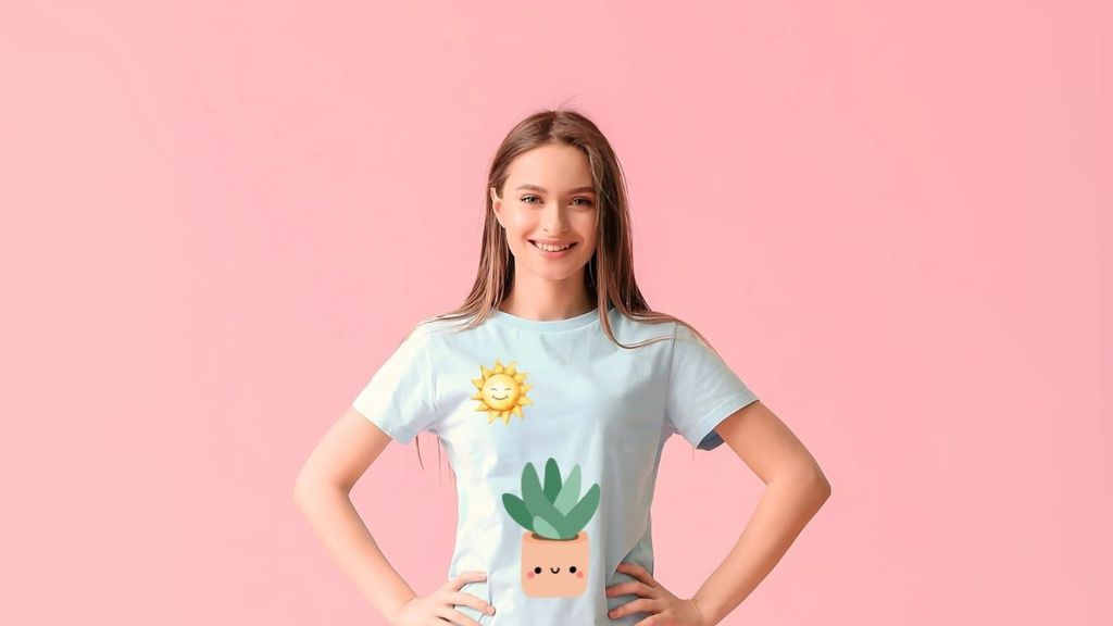 Frau trägt ein individuell bedrucktes T-Shirt und steht vor einem rosafarbenen Hintergrund