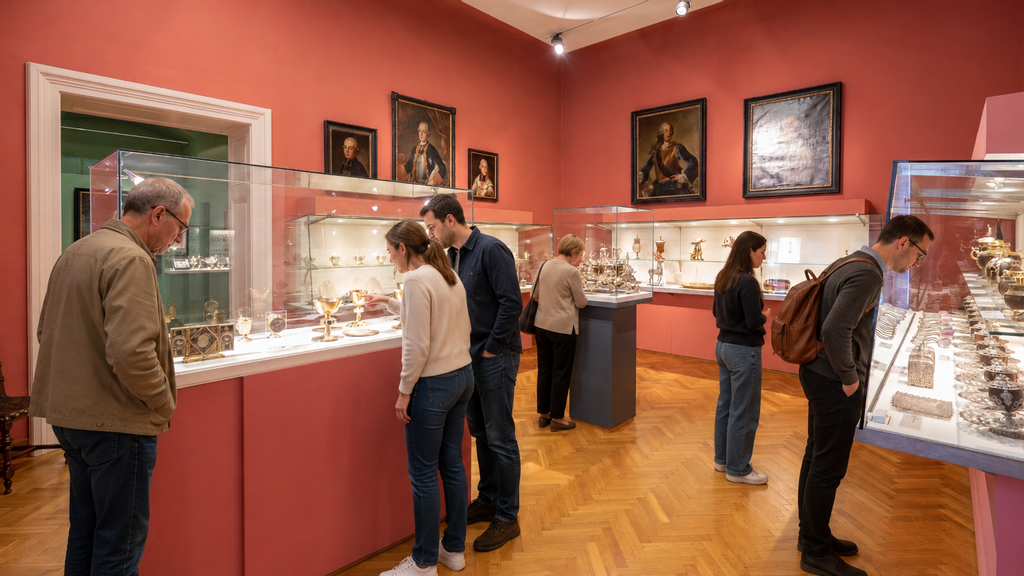 Besucher*innen eines Museums betrachten ausgestellte Stücke