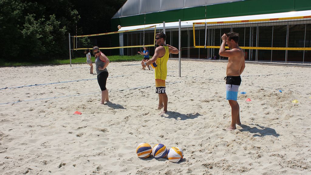 Mehrere Personen spielen Beachvolleyball auf einem Sandplatz