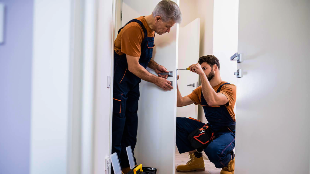 Zwei Männer vom Schlüsseldienst bei der Arbeit, wobei einer die Türe aufsperrt