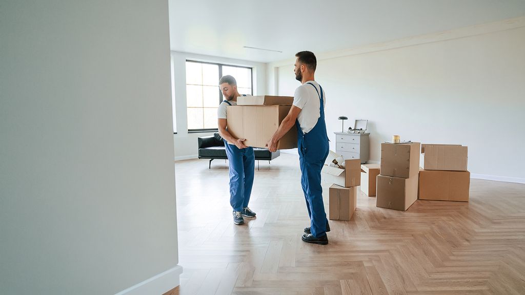 Zwei Möbelpacker tragen gemeinsam einen Umzugskarton in einer Wohnung