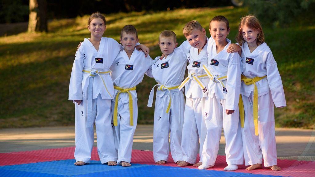 Guppe von Kindern im Taekwondo-Outfit auf einer Wiese