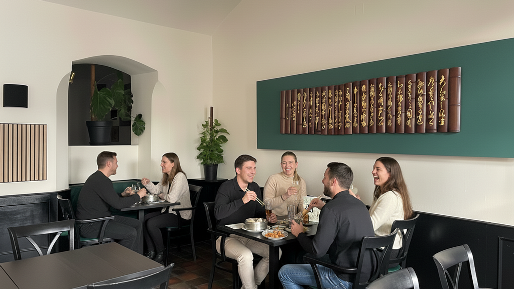 Mehrere Personen im Restaurant Yu's Cottage beim Essen