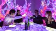 Immersives Dinner mit vier Personen, im Hintergrund sind Animationen auf der Wand