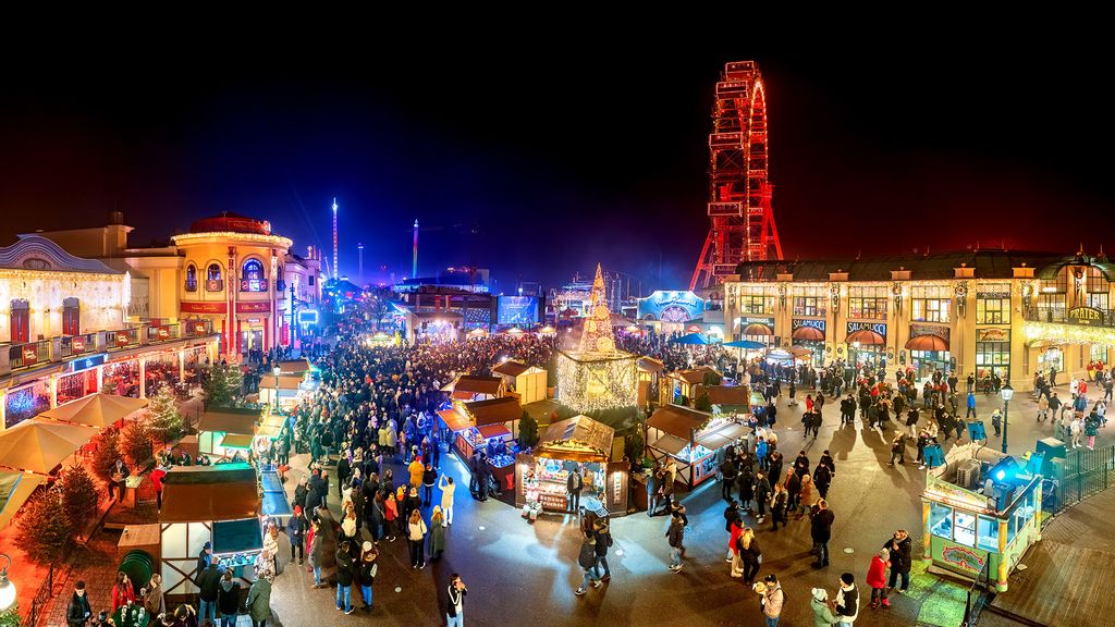 Wintermarkt am Riesenradplatz bei Nacht