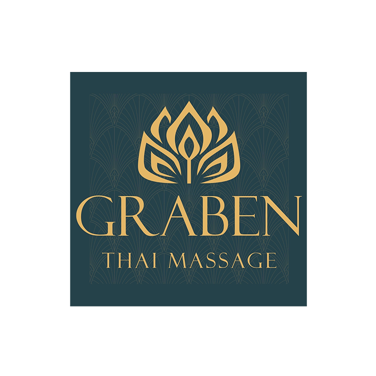 Logo Graben Thai Massage, gelbe Schrift auf grünem Hintergrund