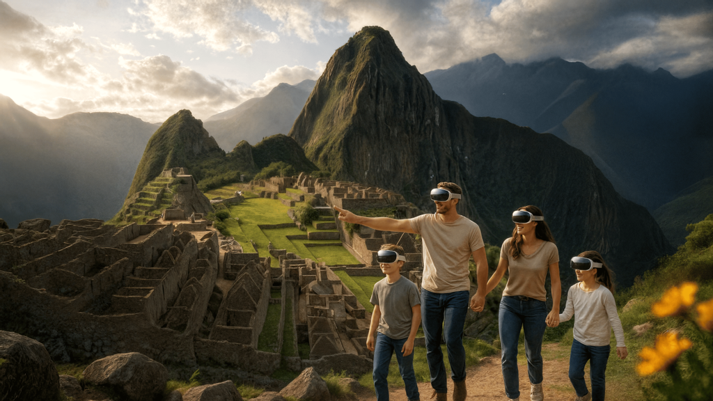 © Fever Labs Vier Personen tragen VR-Brillen bei einer Machu-Picchu Ausstellung