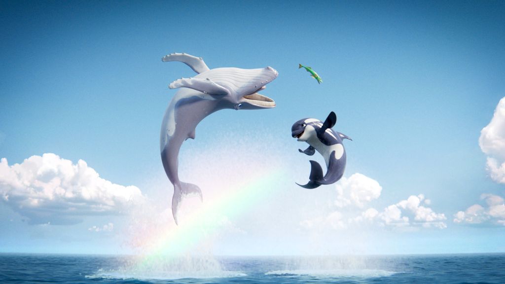 Zwei Wale und ein Fisch springen aus dem Meer und im Hintergrund ist ein Regenbogen