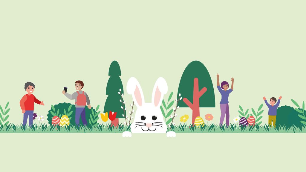 Ein illustriertes Bild mit einem Osterhasen, Ostereiern, Bäumen, Blumen und Personen