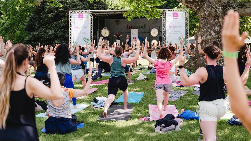 Personen, die auf einer Matte in der Wiese sitzen und Yoga Übungen machen