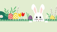 Ein illustriertes Bild mit einem Osterhasen in der Mitte umgeben von Pflanzen und bunten Ostereiern