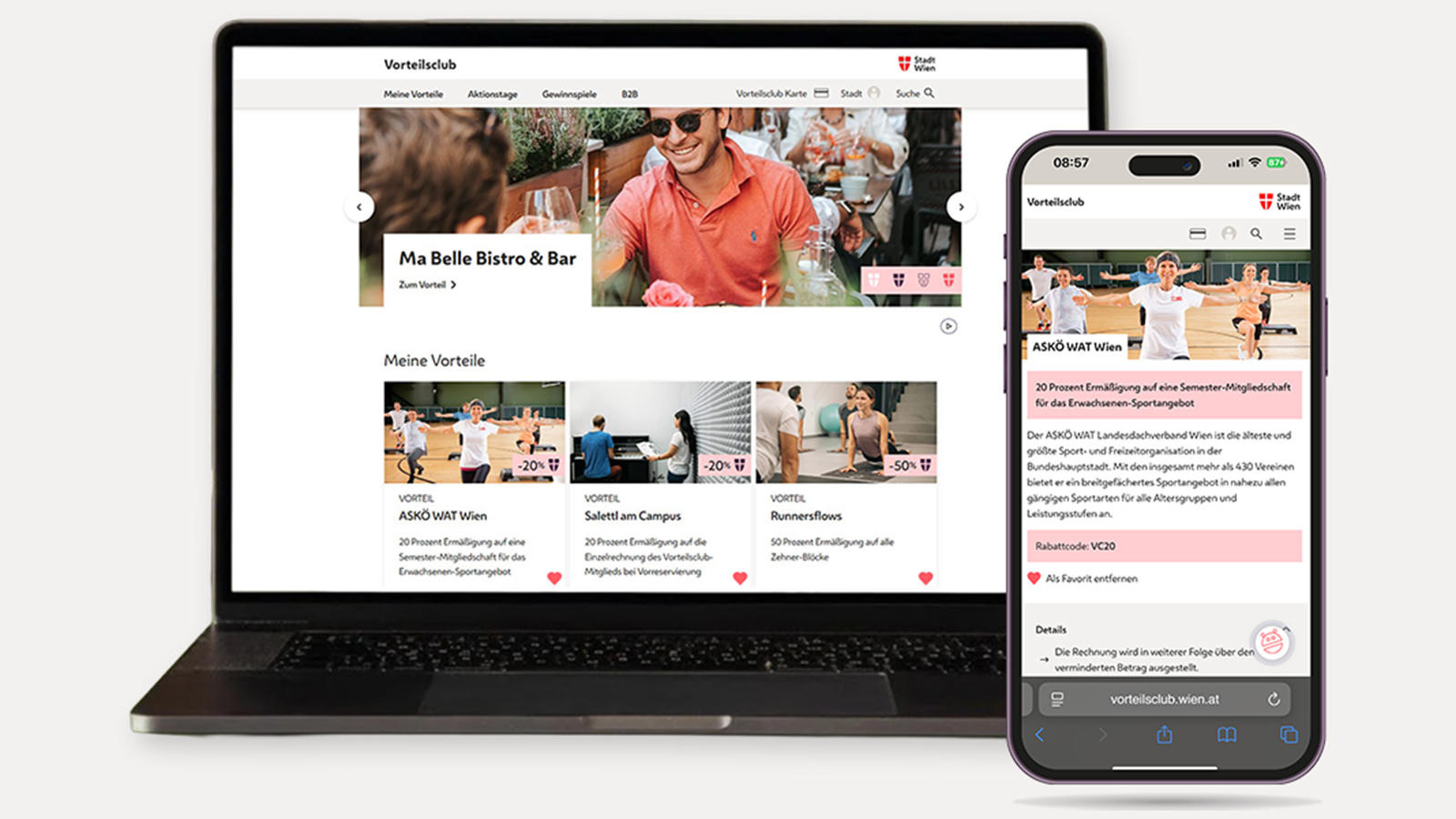 Vorteilsclub der Stadt Wien Website auf einem Laptop